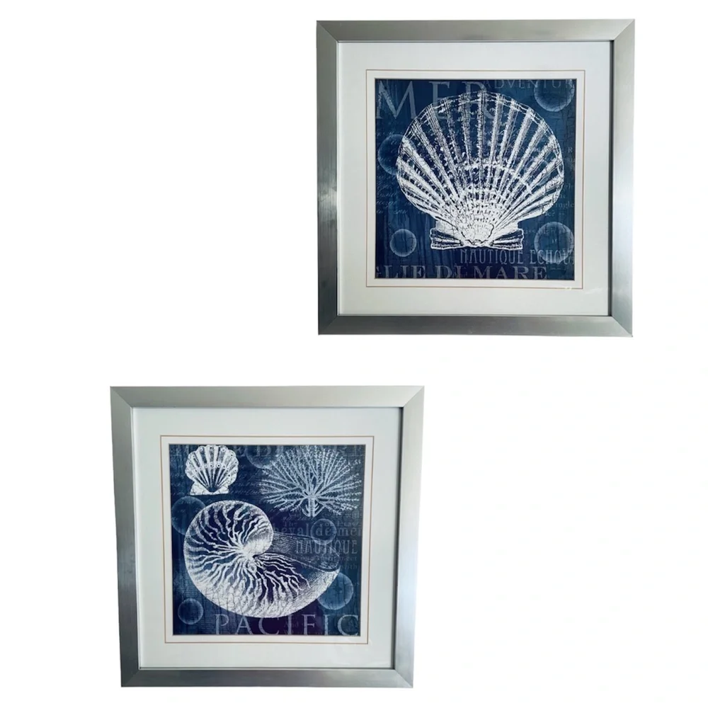 Navy Nautilus Shell brushed silver framed pictures set of two Made in the USA